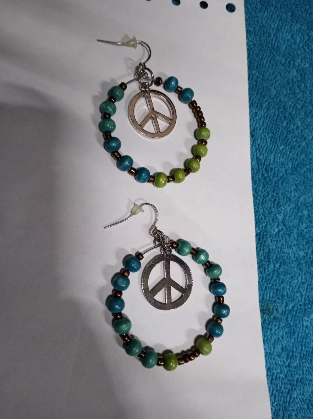 Peace Sign Gold Tone Wooden Beads Blue And Green Hippie Drop Dangle Earrings